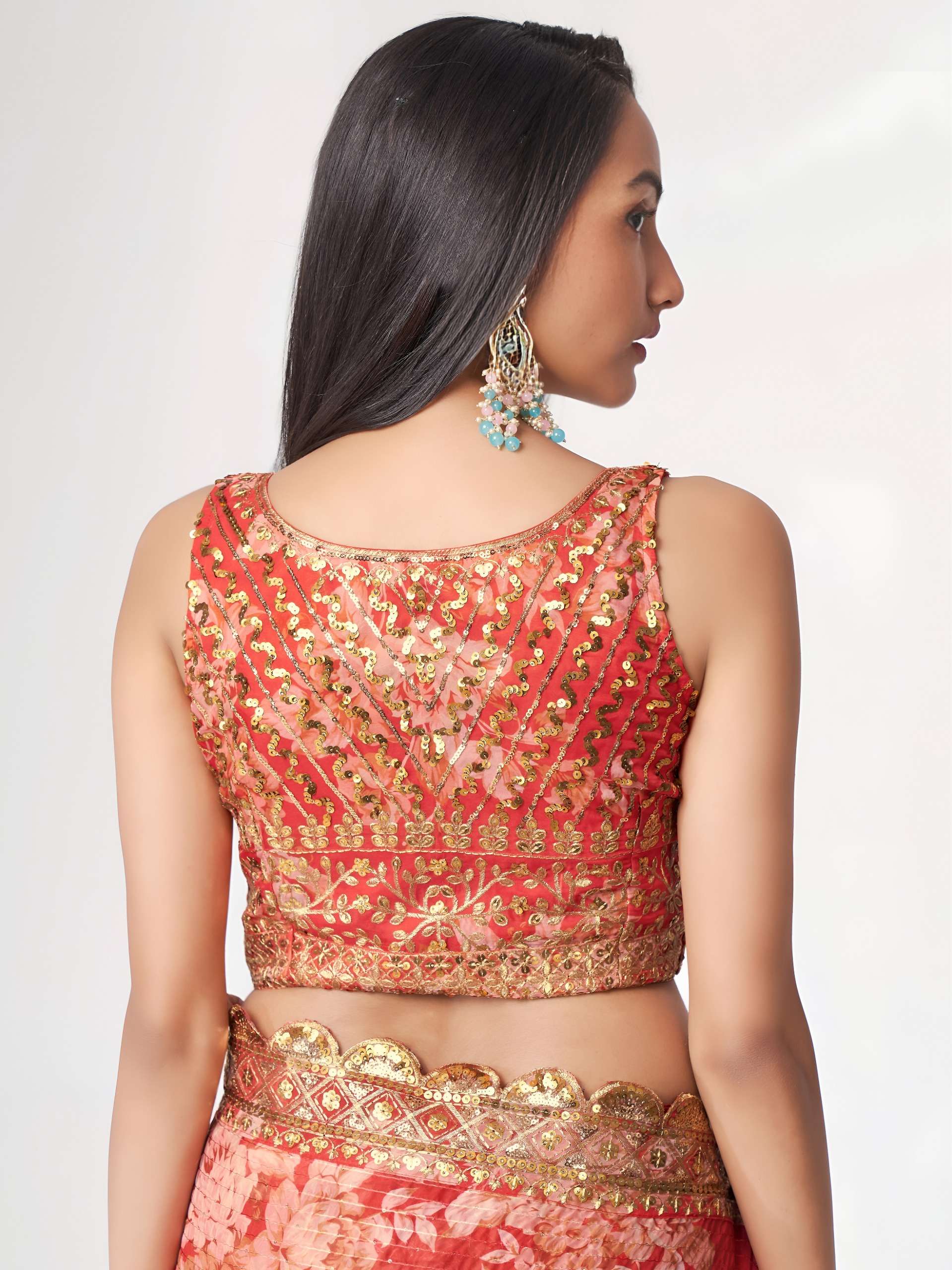 Coral crimson Red colou pretty Floral design on Royal Organza fabric Saree Wholesale in surat 1107 Red 